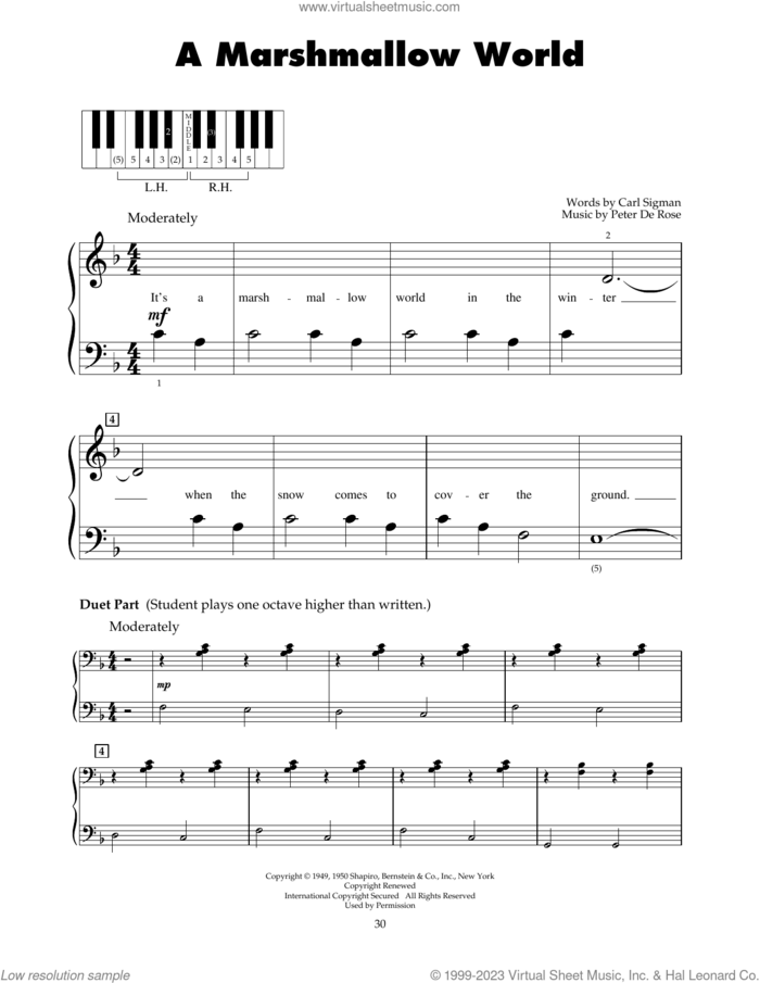 A Marshmallow World sheet music for piano solo (5-fingers) by Carl Sigman and Peter DeRose, beginner piano (5-fingers)