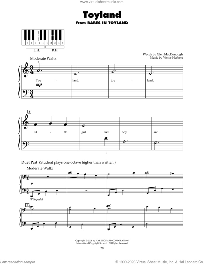 Toyland sheet music for piano solo (5-fingers) by Doris Day, Glen MacDonough and Victor Herbert, beginner piano (5-fingers)