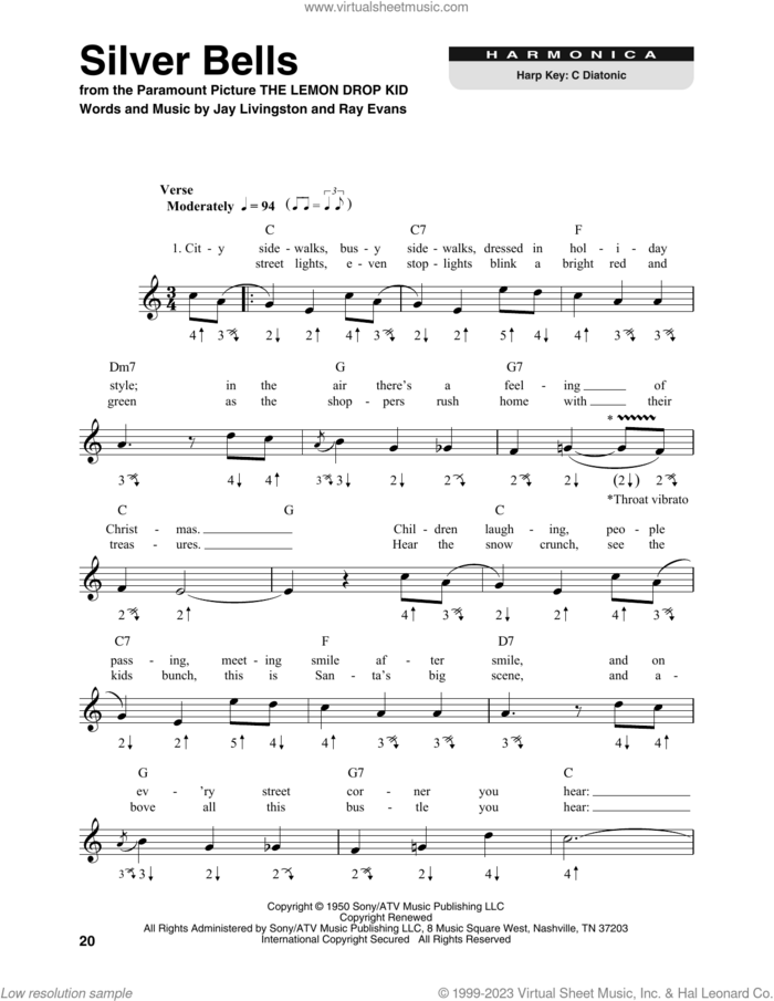 Silver Bells sheet music for harmonica solo by Jay Livingston and Ray Evans, intermediate skill level