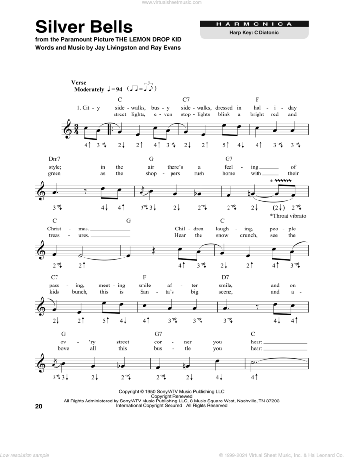 Silver Bells sheet music for harmonica solo by Jay Livingston and Ray Evans, intermediate skill level