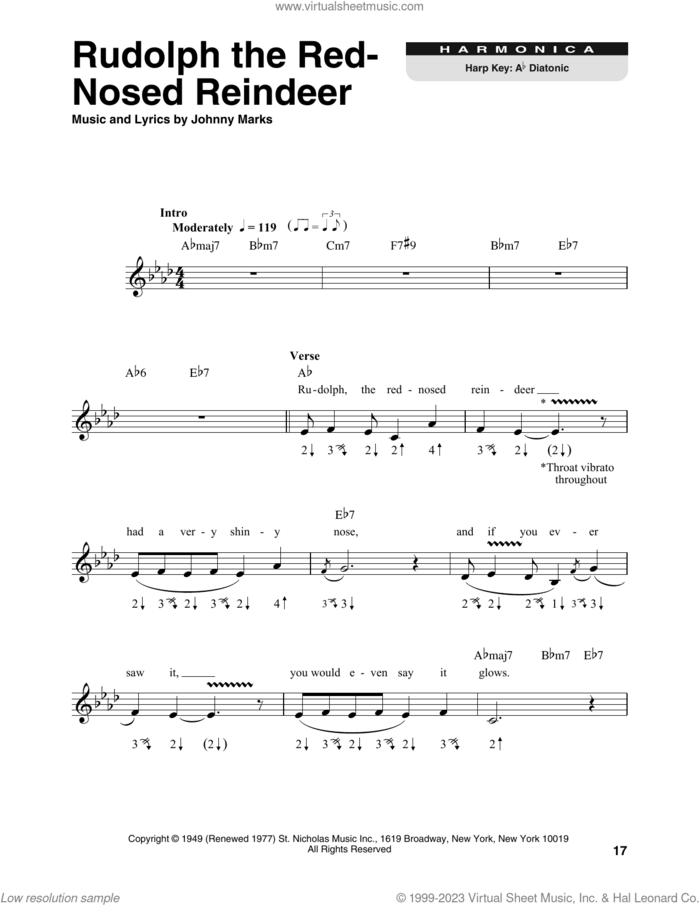 Rudolph The Red-Nosed Reindeer sheet music for harmonica solo by Johnny Marks, intermediate skill level