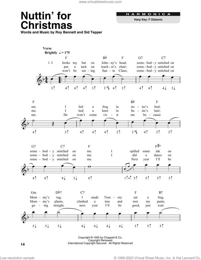 Nuttin' For Christmas sheet music for harmonica solo by Sid Tepper and Roy Bennett, intermediate skill level