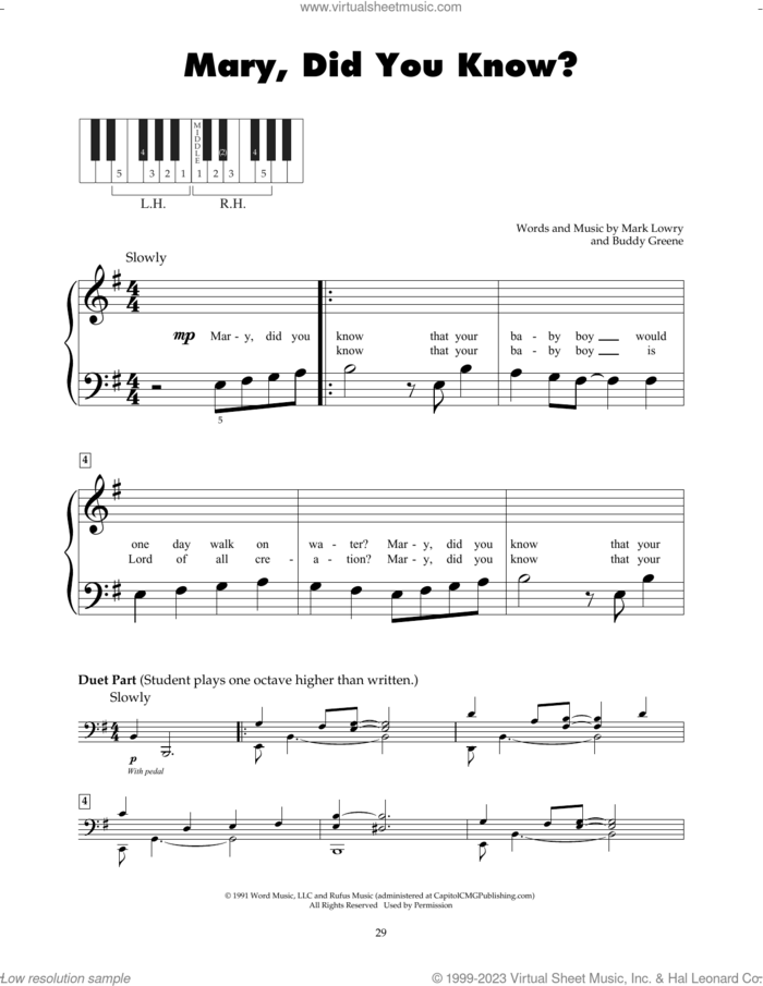 Mary, Did You Know? sheet music for piano solo (5-fingers) by Buddy Greene, Kathy Mattea and Mark Lowry, beginner piano (5-fingers)