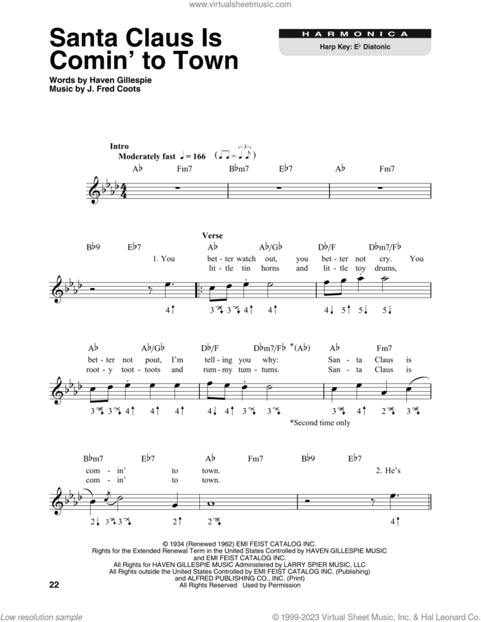 Santa Claus Is Comin' To Town sheet music for harmonica solo by J. Fred Coots and Haven Gillespie, intermediate skill level