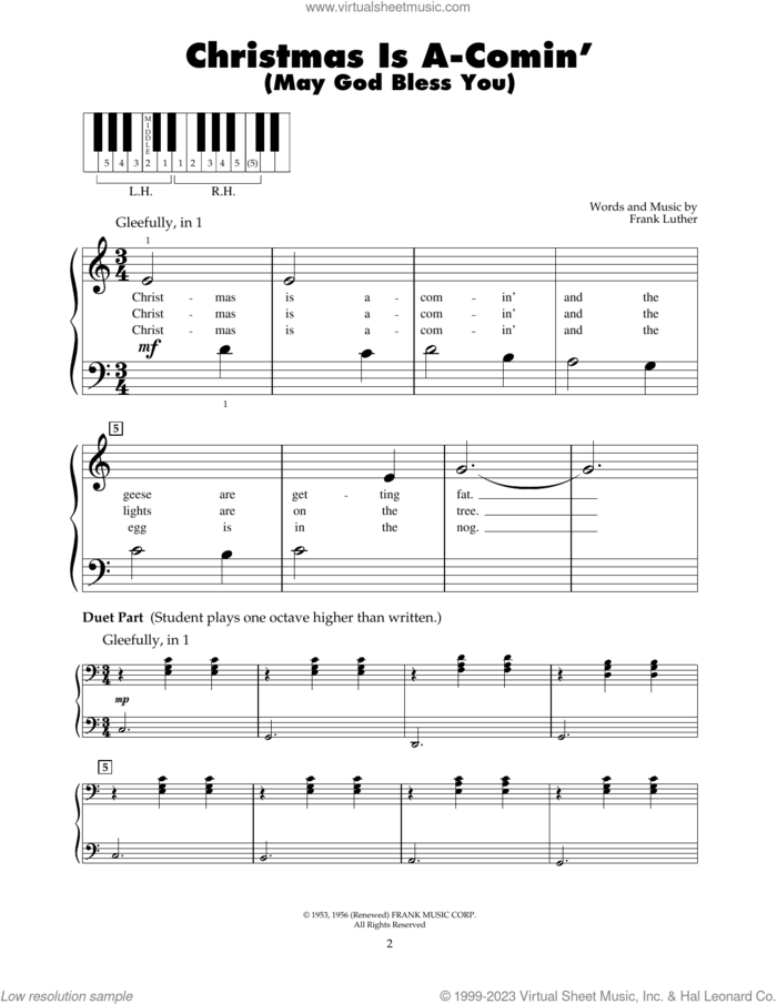 Christmas Is A-Comin' (May God Bless You) sheet music for piano solo (5-fingers) by Frank Luther, beginner piano (5-fingers)