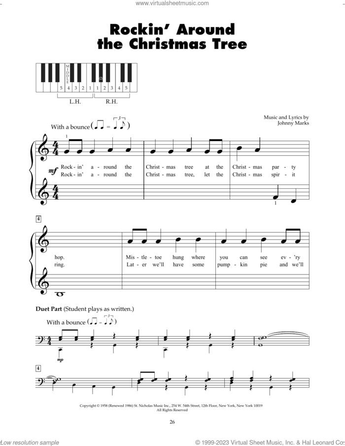 Rockin' Around The Christmas Tree sheet music for piano solo (5-fingers) by Brenda Lee and Johnny Marks, beginner piano (5-fingers)
