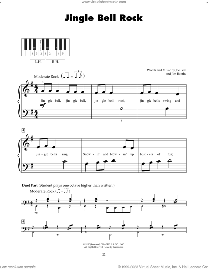 Jingle Bell Rock sheet music for piano solo (5-fingers) by Bobby Helms, Jim Boothe and Joe Beal, beginner piano (5-fingers)