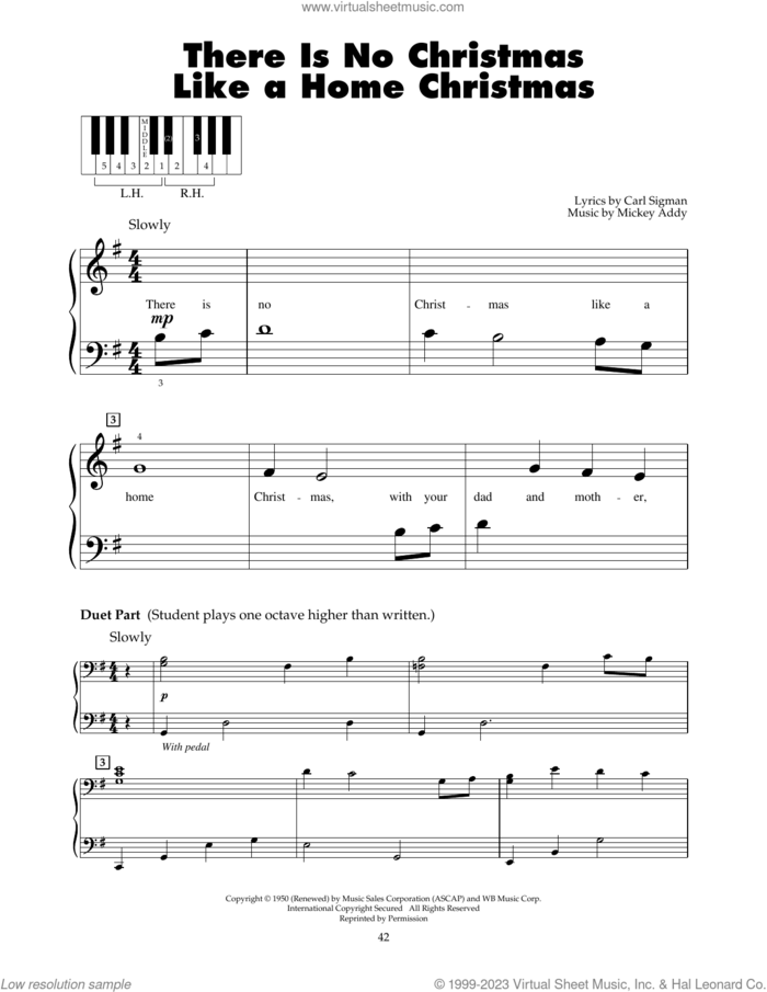 There Is No Christmas Like A Home Christmas sheet music for piano solo (5-fingers) by Perry Como, Carl Sigman and Mickey J. Addy, beginner piano (5-fingers)