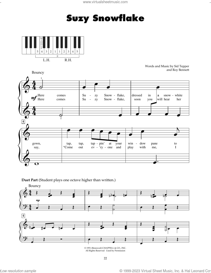 Suzy Snowflake sheet music for piano solo (5-fingers) by Rosemary Clooney, Roy Bennett and Sid Tepper, beginner piano (5-fingers)