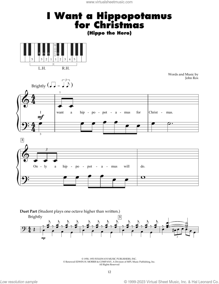 I Want A Hippopotamus For Christmas (Hippo The Hero) sheet music for piano solo (5-fingers) by John Rox, beginner piano (5-fingers)
