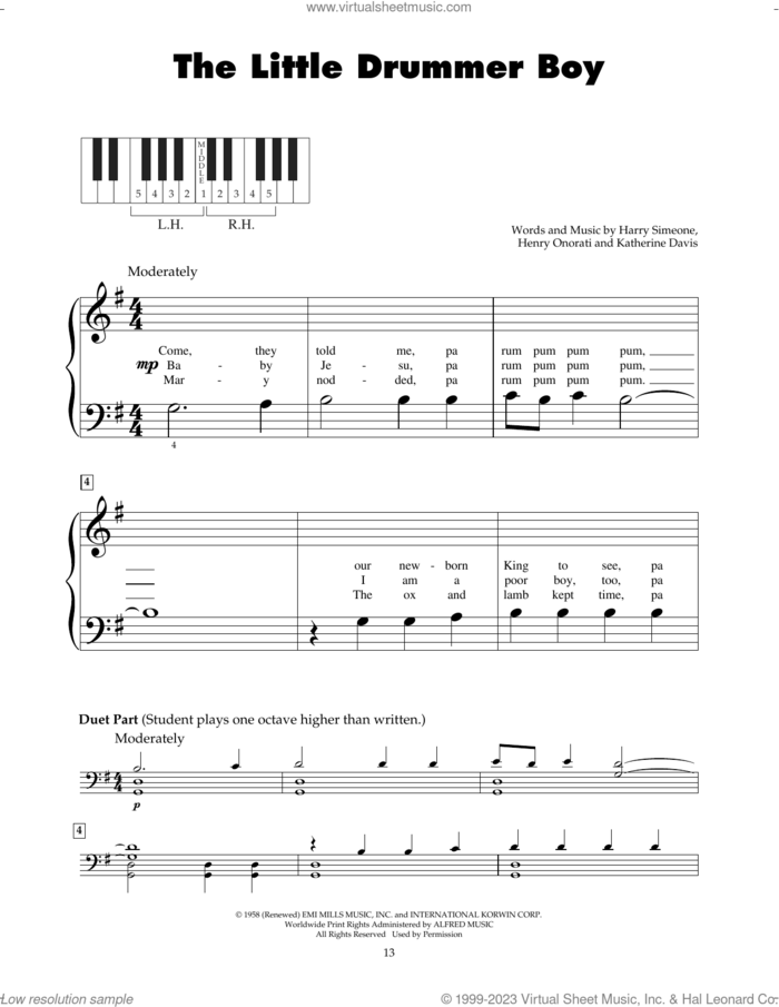 The Little Drummer Boy sheet music for piano solo (5-fingers) by Katherine Davis, Harry Simeone and Henry Onorati, beginner piano (5-fingers)