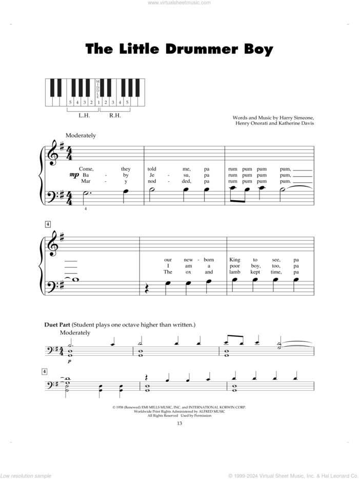 The Little Drummer Boy sheet music for piano solo (5-fingers) by Katherine Davis, Harry Simeone and Henry Onorati, beginner piano (5-fingers)