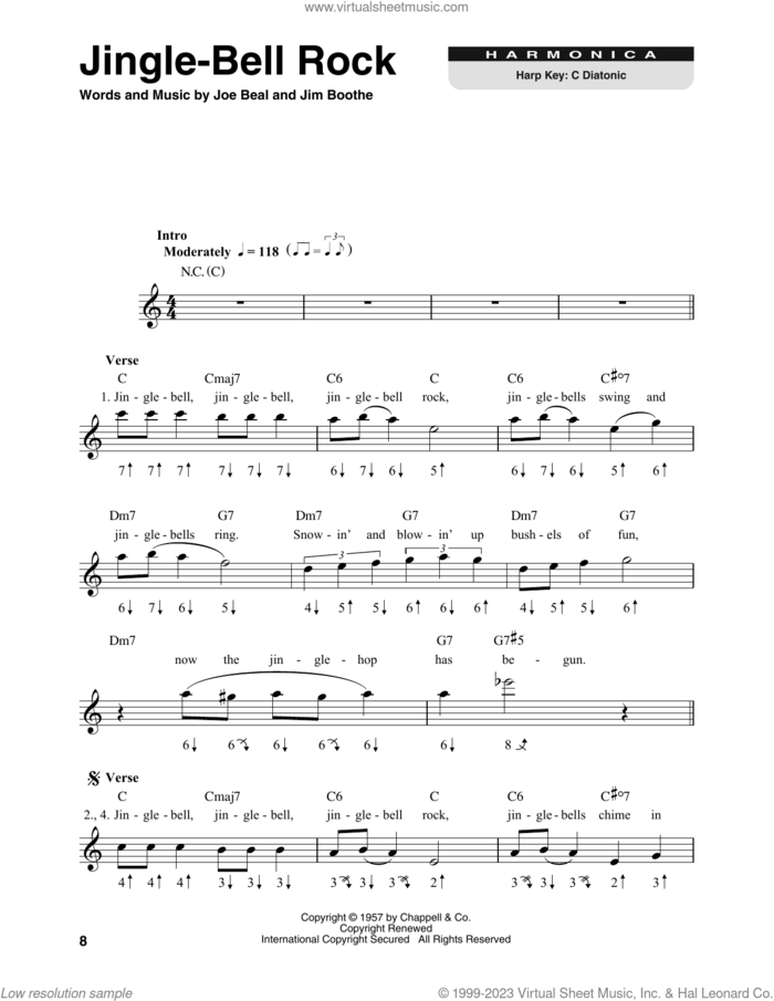 Jingle Bell Rock sheet music for harmonica solo by Bobby Helms, Jim Boothe and Joe Beal, intermediate skill level