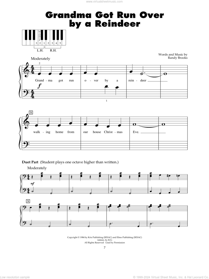 Grandma Got Run Over By A Reindeer sheet music for piano solo (5-fingers) by Randy Brooks, beginner piano (5-fingers)