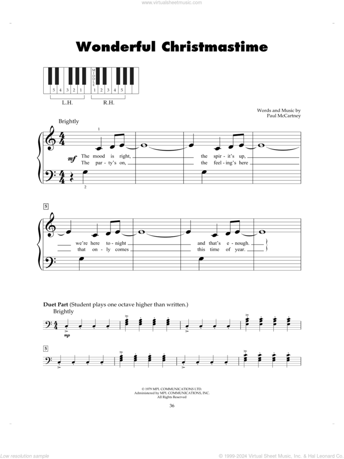 Wonderful Christmastime sheet music for piano solo (5-fingers) by Paul McCartney, beginner piano (5-fingers)