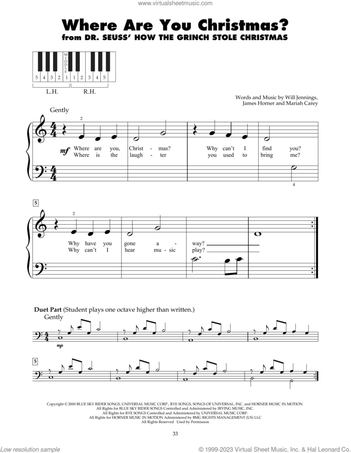 Where Are You Christmas? (from How The Grinch Stole Christmas) sheet music for piano solo (5-fingers) by Faith Hill, James Horner, Mariah Carey and Will Jennings, beginner piano (5-fingers)