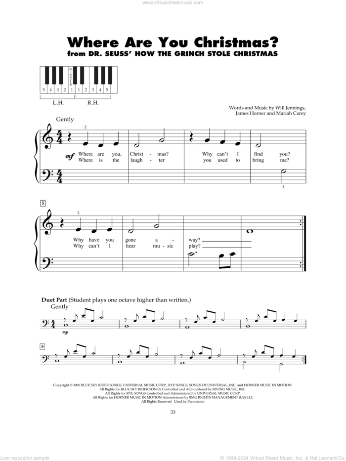 Where Are You Christmas? (from How The Grinch Stole Christmas) sheet music for piano solo (5-fingers) by Faith Hill, James Horner, Mariah Carey and Will Jennings, beginner piano (5-fingers)