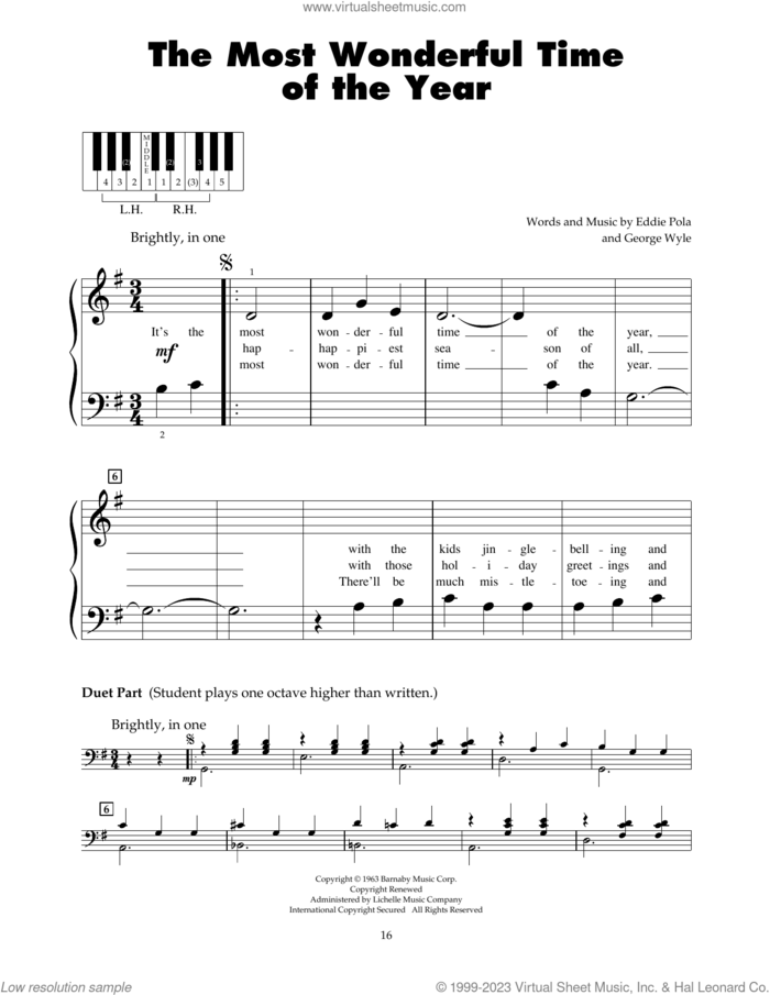 The Most Wonderful Time Of The Year sheet music for piano solo (5-fingers) by Andy Wiliams, Eddie Pola and George Wyle, beginner piano (5-fingers)