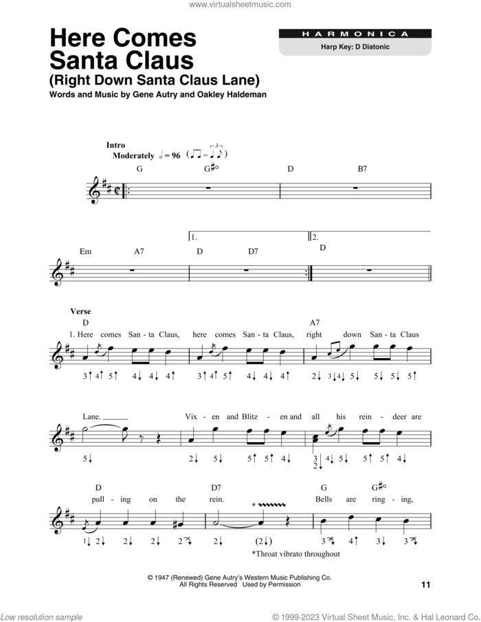 Here Comes Santa Claus (Right Down Santa Claus Lane) sheet music for harmonica solo by Gene Autry and Oakley Haldeman, intermediate skill level