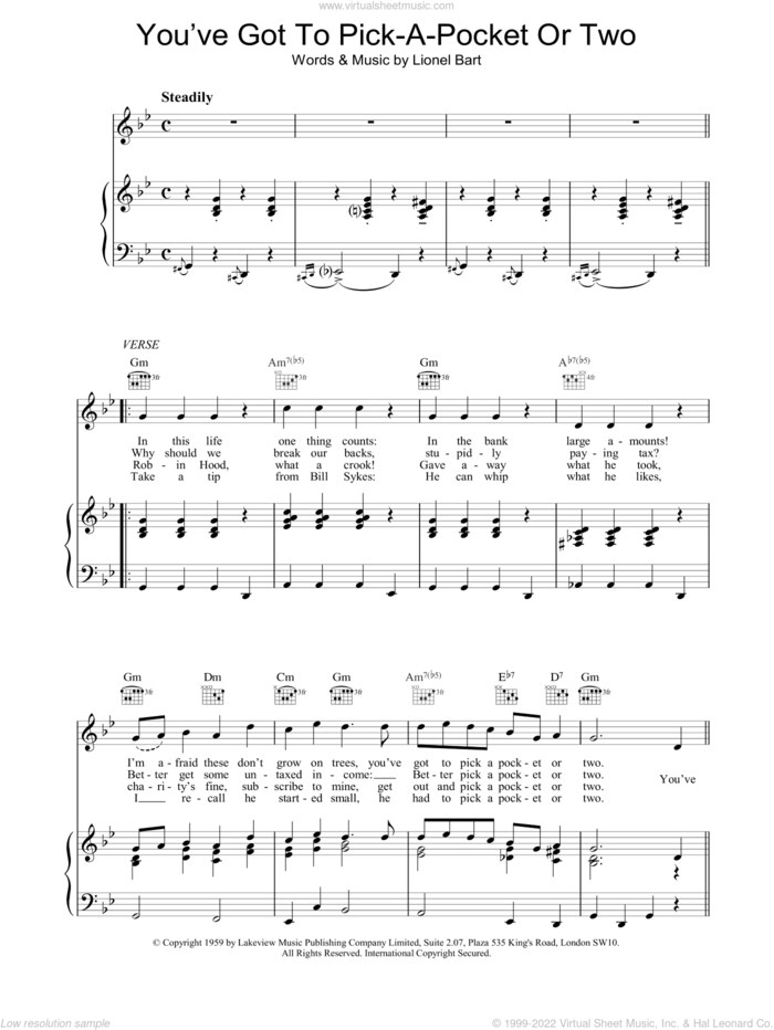 You've Got To Pick-A-Pocket Or Two sheet music for voice, piano or guitar by Lionel Bart, intermediate skill level