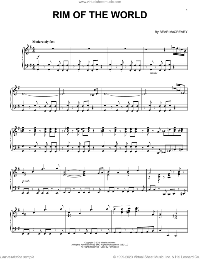 Rim Of The World sheet music for piano solo by Bear McCreary, intermediate skill level