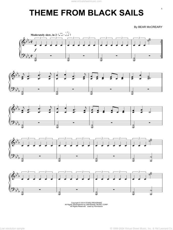 Theme From Black Sails sheet music for piano solo by Bear McCreary, intermediate skill level