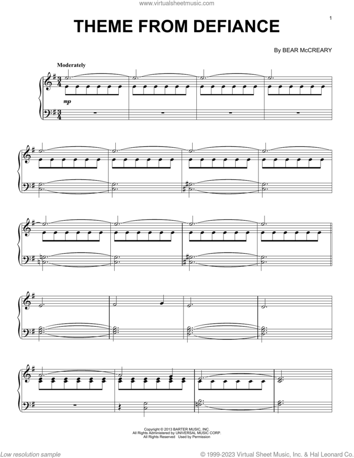 Theme From Defiance sheet music for piano solo by Bear McCreary, intermediate skill level