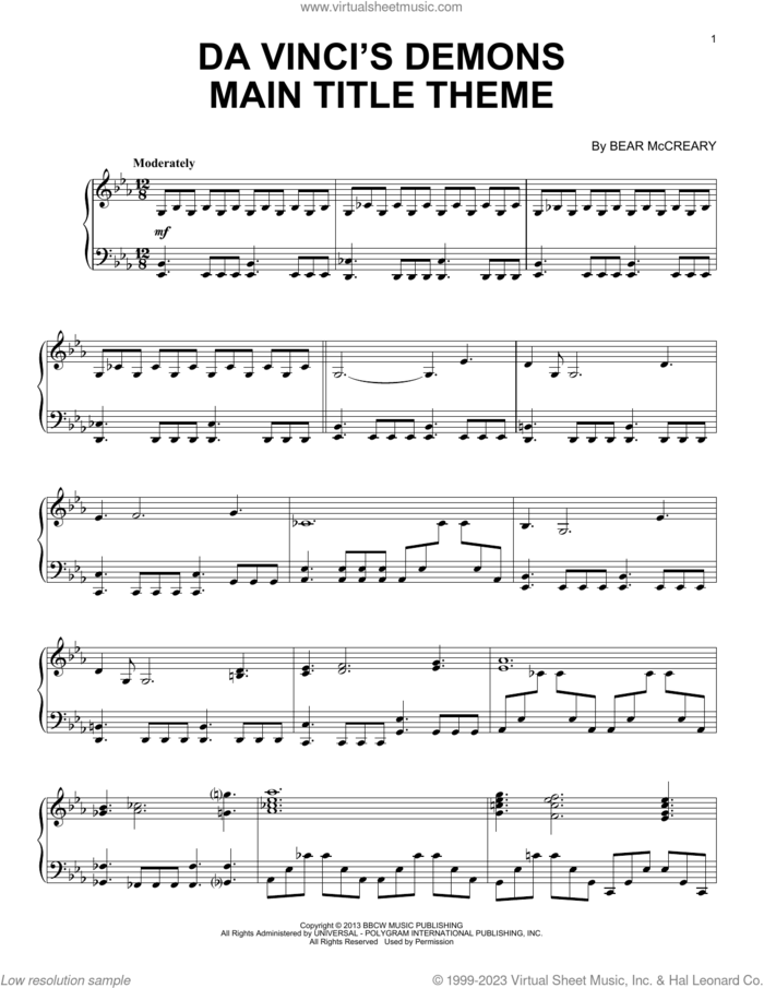 Da Vinci's Demons - Main Title Theme sheet music for piano solo by Bear McCreary, intermediate skill level
