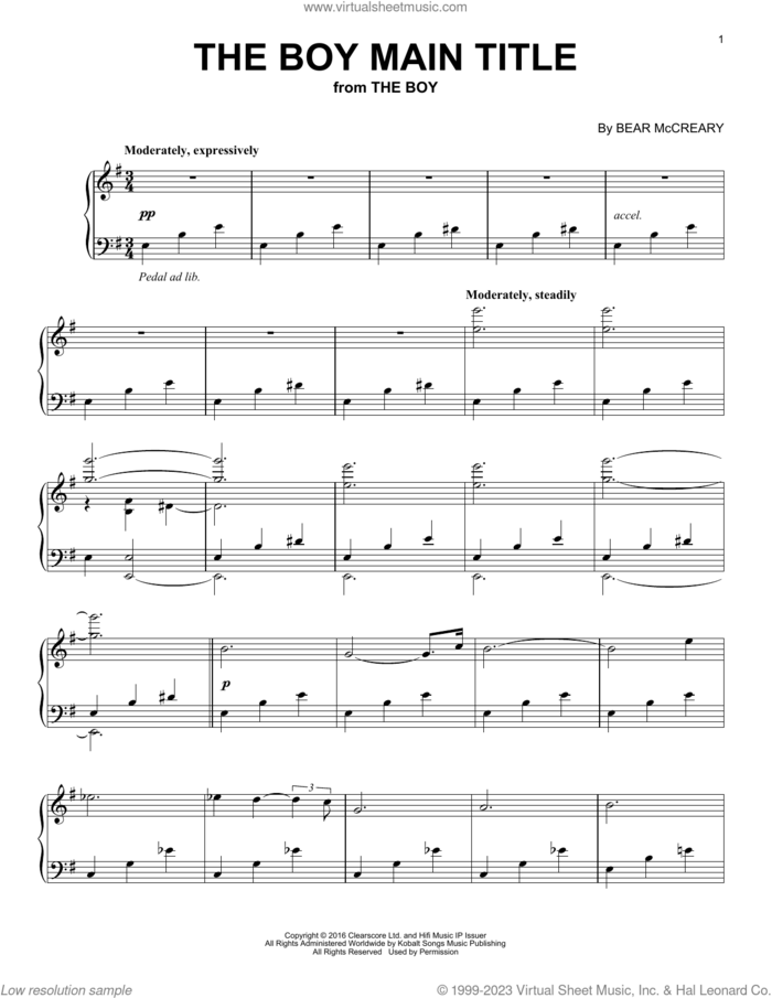 The Boy (Main Title) sheet music for piano solo by Bear McCreary, intermediate skill level