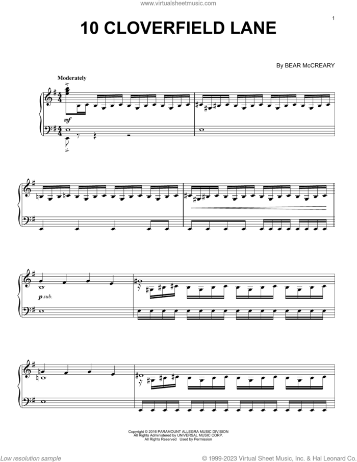 10 Cloverfield Lane (Main Title) sheet music for piano solo by Bear McCreary, intermediate skill level