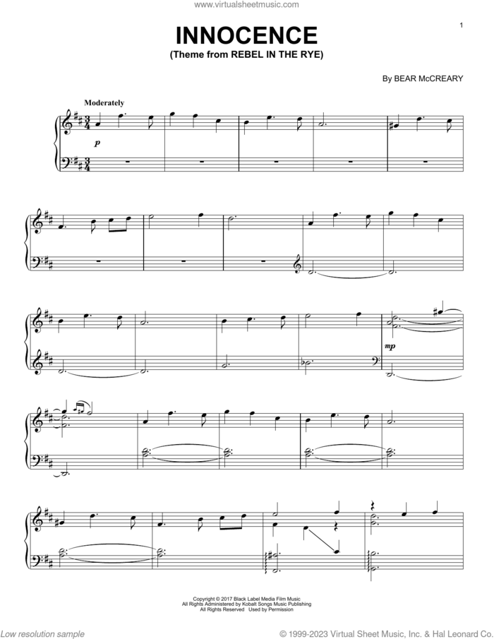 Innocence (from Rebel In The Rye) sheet music for piano solo by Bear McCreary, intermediate skill level