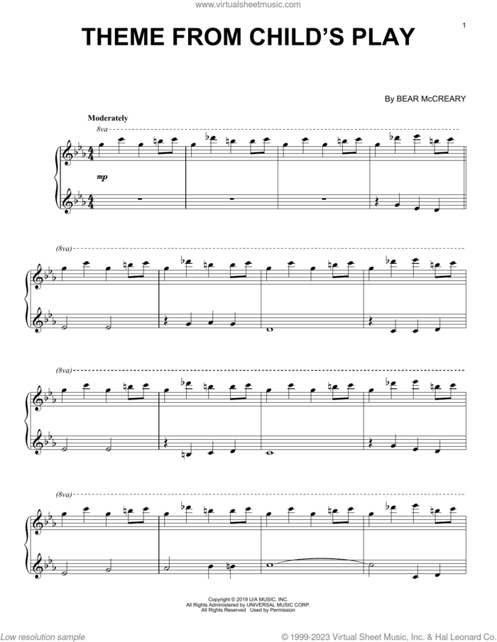 Theme From Child's Play sheet music for piano solo by Bear McCreary, intermediate skill level