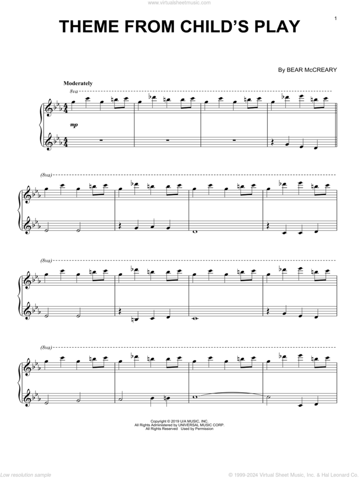 Theme From Child's Play sheet music for piano solo by Bear McCreary, intermediate skill level