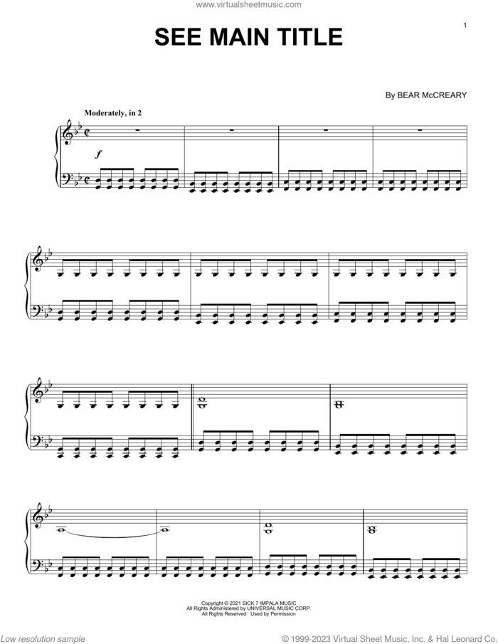 See - Main Title Theme sheet music for piano solo by Bear McCreary, intermediate skill level