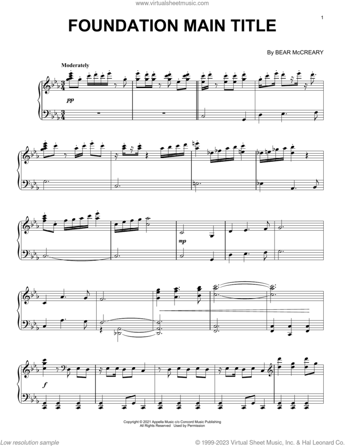 Foundation (Main Title) sheet music for piano solo by Bear McCreary, intermediate skill level