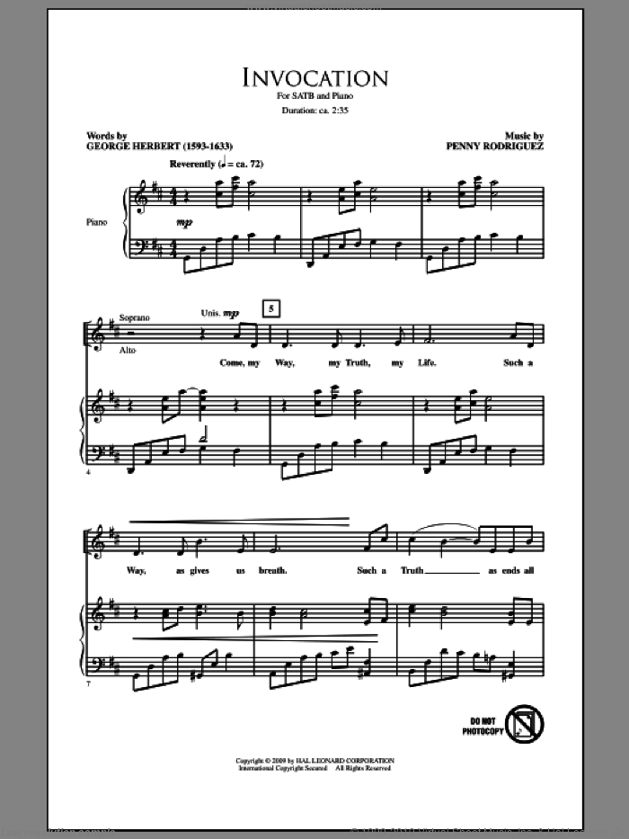 Invocation sheet music for choir (SATB: soprano, alto, tenor, bass) by Penny Rodriguez and George Herbert, intermediate skill level