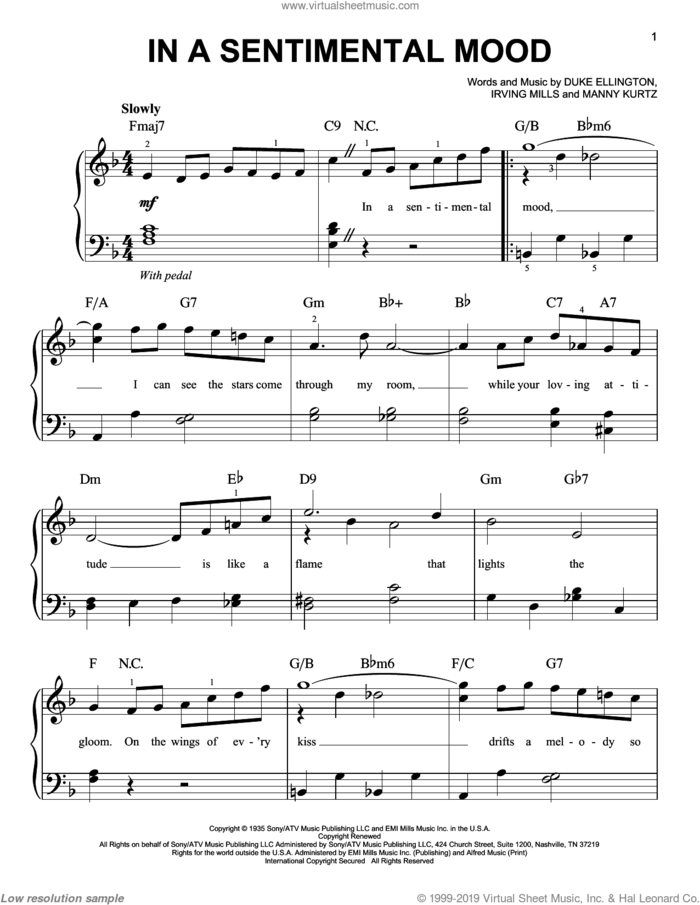 In A Sentimental Mood, (easy) sheet music for piano solo by Duke Ellington, Irving Mills and Manny Kurtz, easy skill level