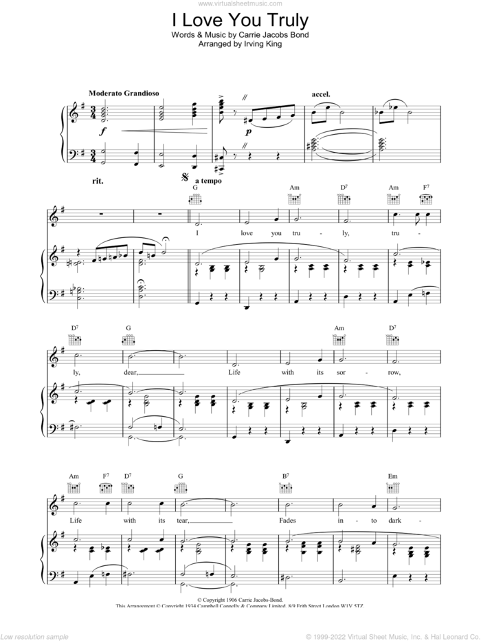 I Love You Truly sheet music for voice, piano or guitar by Carrie Jacobs-Bond, wedding score, intermediate skill level