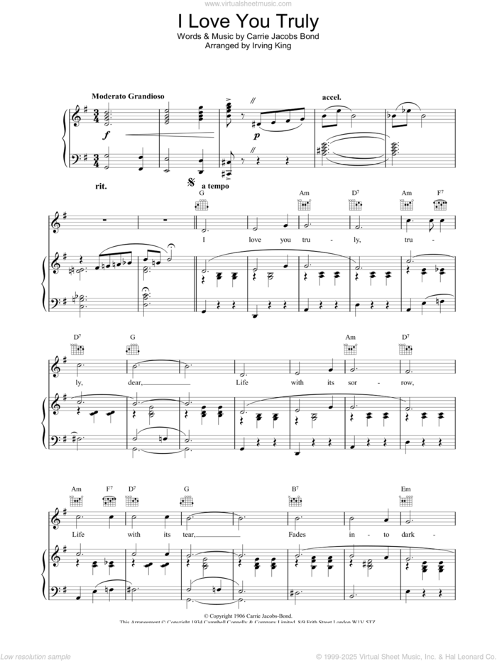 I Love You Truly sheet music for voice, piano or guitar by Carrie Jacobs-Bond, wedding score, intermediate skill level