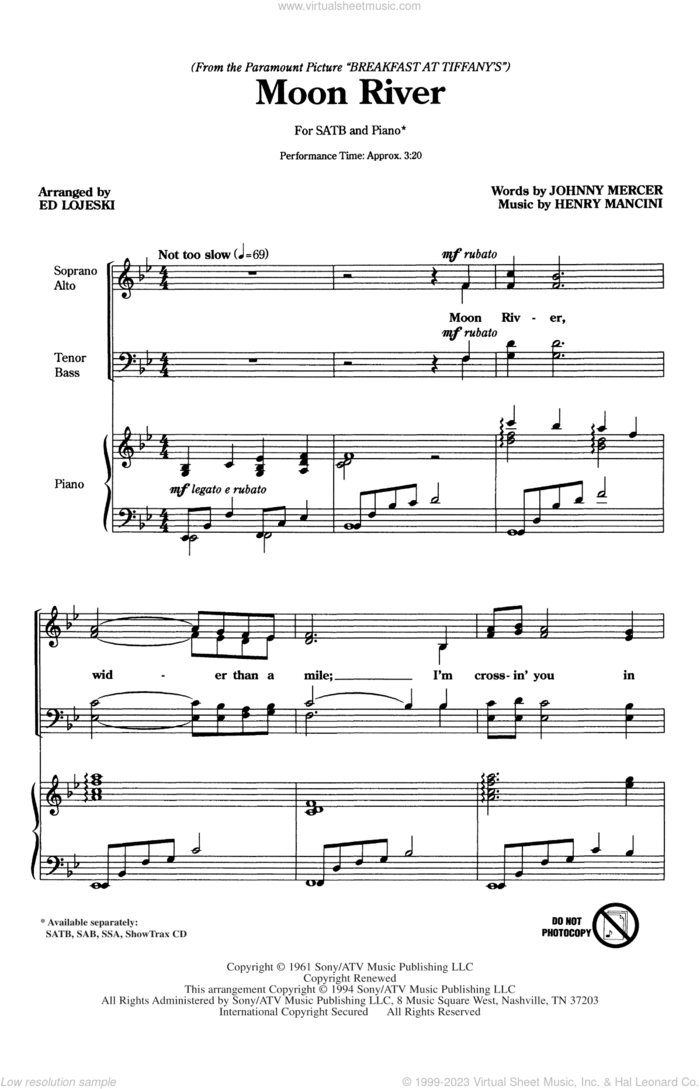 Moon River sheet music for choir (SATB: soprano, alto, tenor, bass) by Henry Mancini, Ed Lojeski and Johnny Mercer, intermediate skill level