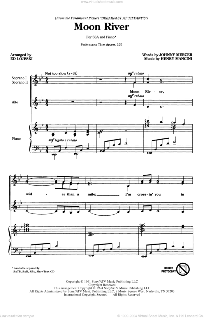 Moon River sheet music for choir (SSA: soprano, alto) by Henry Mancini, Ed Lojeski and Johnny Mercer, intermediate skill level