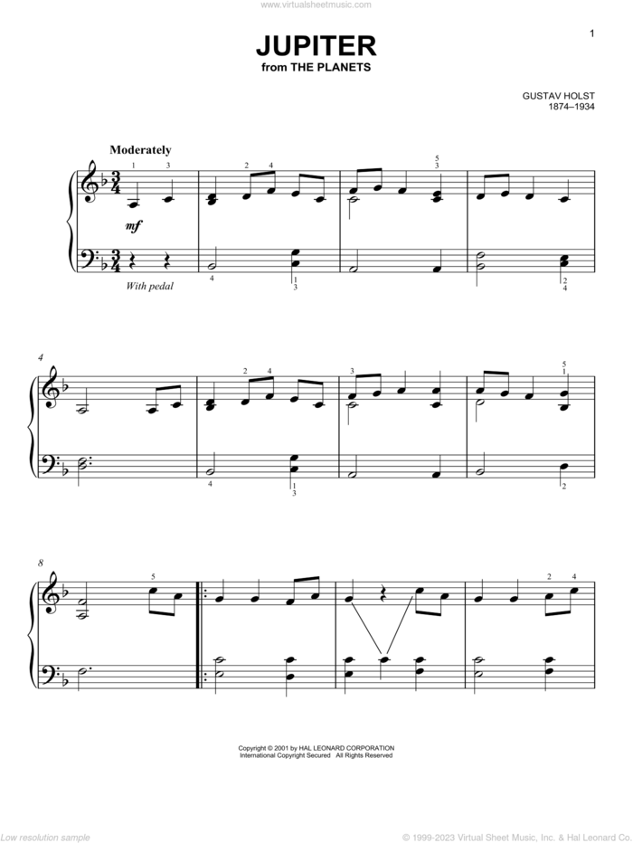 Jupiter, (easy) sheet music for piano solo by Gustav Holst, classical score, easy skill level