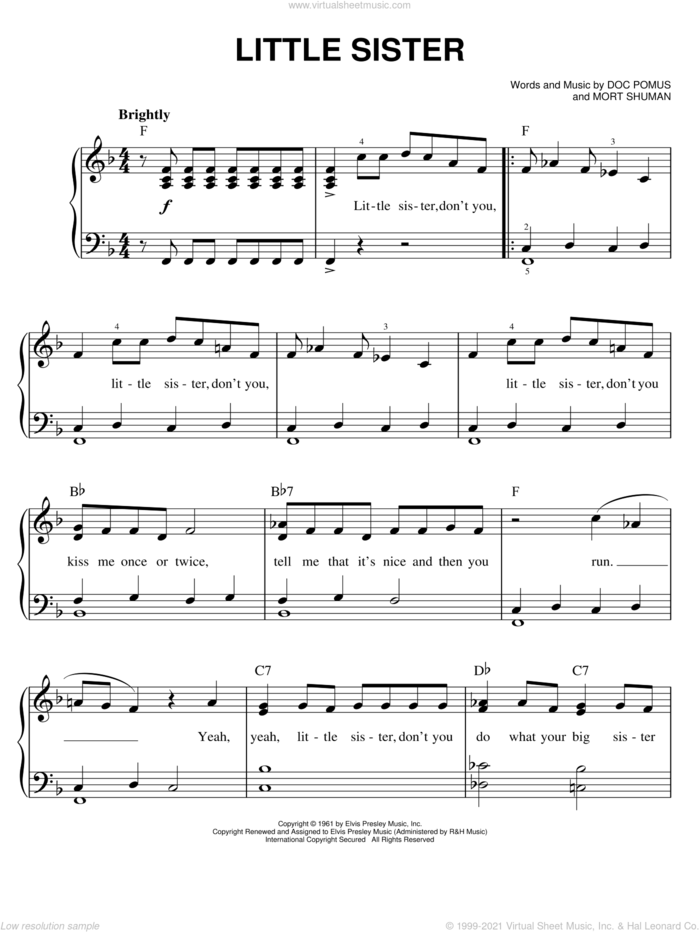 Little Sister sheet music for piano solo by Elvis Presley, Doc Pomus, Jerome Pomus and Mort Shuman, easy skill level