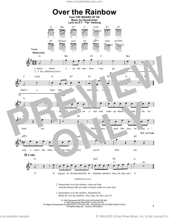 Over The Rainbow (from The Wizard Of Oz) sheet music for guitar solo (chords) by Judy Garland, E.Y. Harburg and Harold Arlen, easy guitar (chords)