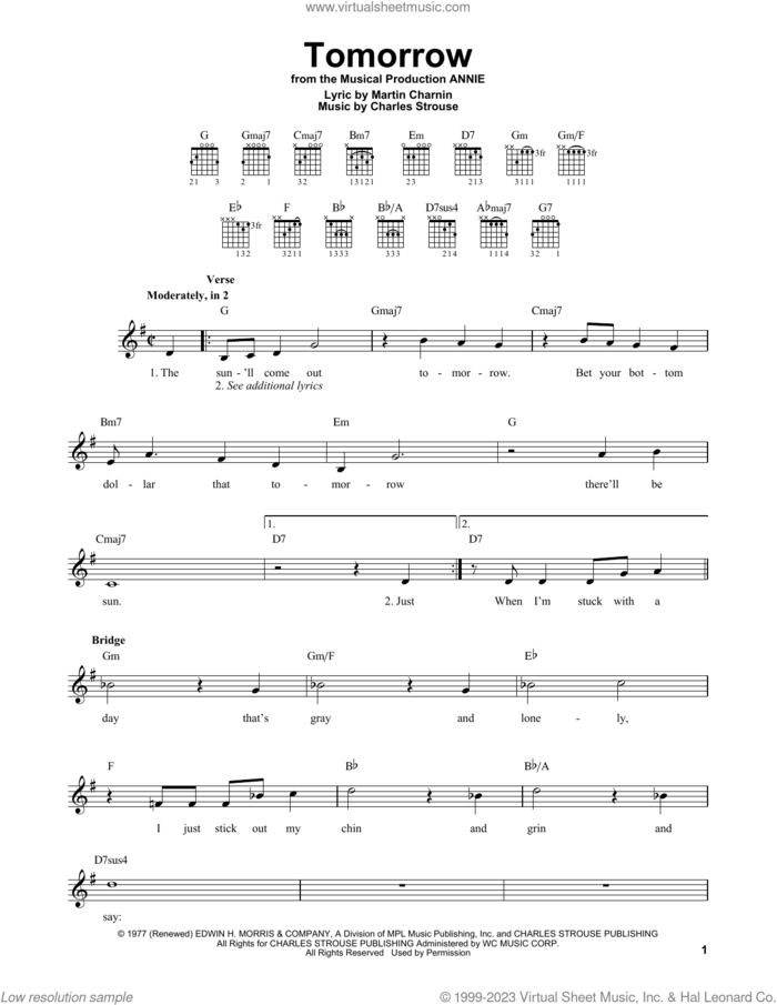 Tomorrow (from Annie) sheet music for guitar solo (chords) by Charles Strouse and Martin Charnin, easy guitar (chords)