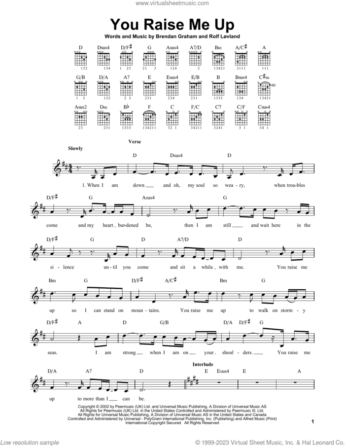 You Raise Me Up sheet music for guitar solo (chords) by Josh Groban, Brendan Graham and Rolf Lovland, easy guitar (chords)