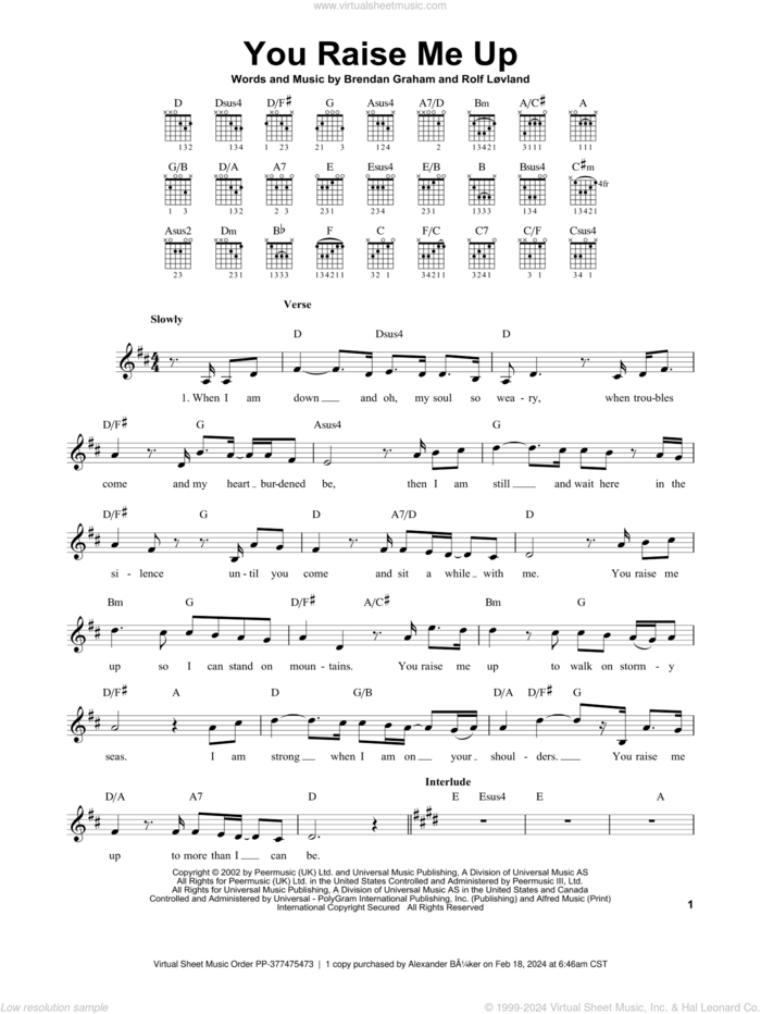 You Raise Me Up sheet music for guitar solo (chords) by Josh Groban, Brendan Graham and Rolf Lovland, easy guitar (chords)