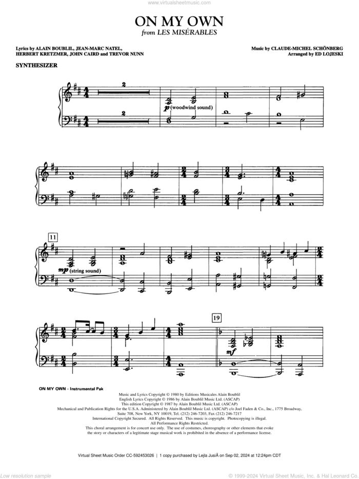 On My Own (from Les Miserables) (arr. Ed Lojeski) sheet music for orchestra/band (synthesizer) by Boublil and Schonberg, Alain Boublil, Claude-Michel Schonberg, Herbert Kretzmer, Jean-Marc Natel, John Caird, Trevor Nunn and Ed Lojeski, intermediate skill level