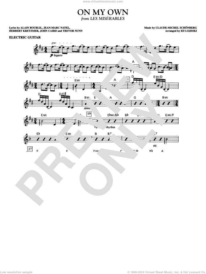 On My Own (from Les Miserables) (arr. Ed Lojeski) sheet music for orchestra/band (electric guitar) by Boublil and Schonberg, Alain Boublil, Claude-Michel Schonberg, Herbert Kretzmer, Jean-Marc Natel, John Caird, Trevor Nunn and Ed Lojeski, intermediate skill level