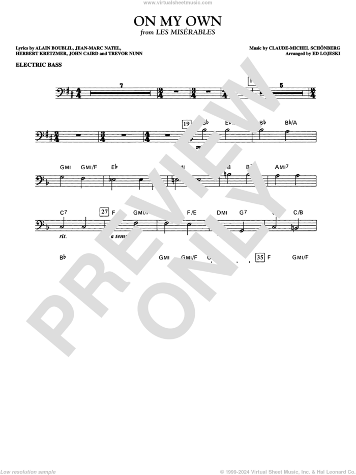 On My Own (from Les Miserables) (arr. Ed Lojeski) sheet music for orchestra/band (electric bass) by Boublil and Schonberg, Alain Boublil, Claude-Michel Schonberg, Herbert Kretzmer, Jean-Marc Natel, John Caird, Trevor Nunn and Ed Lojeski, intermediate skill level